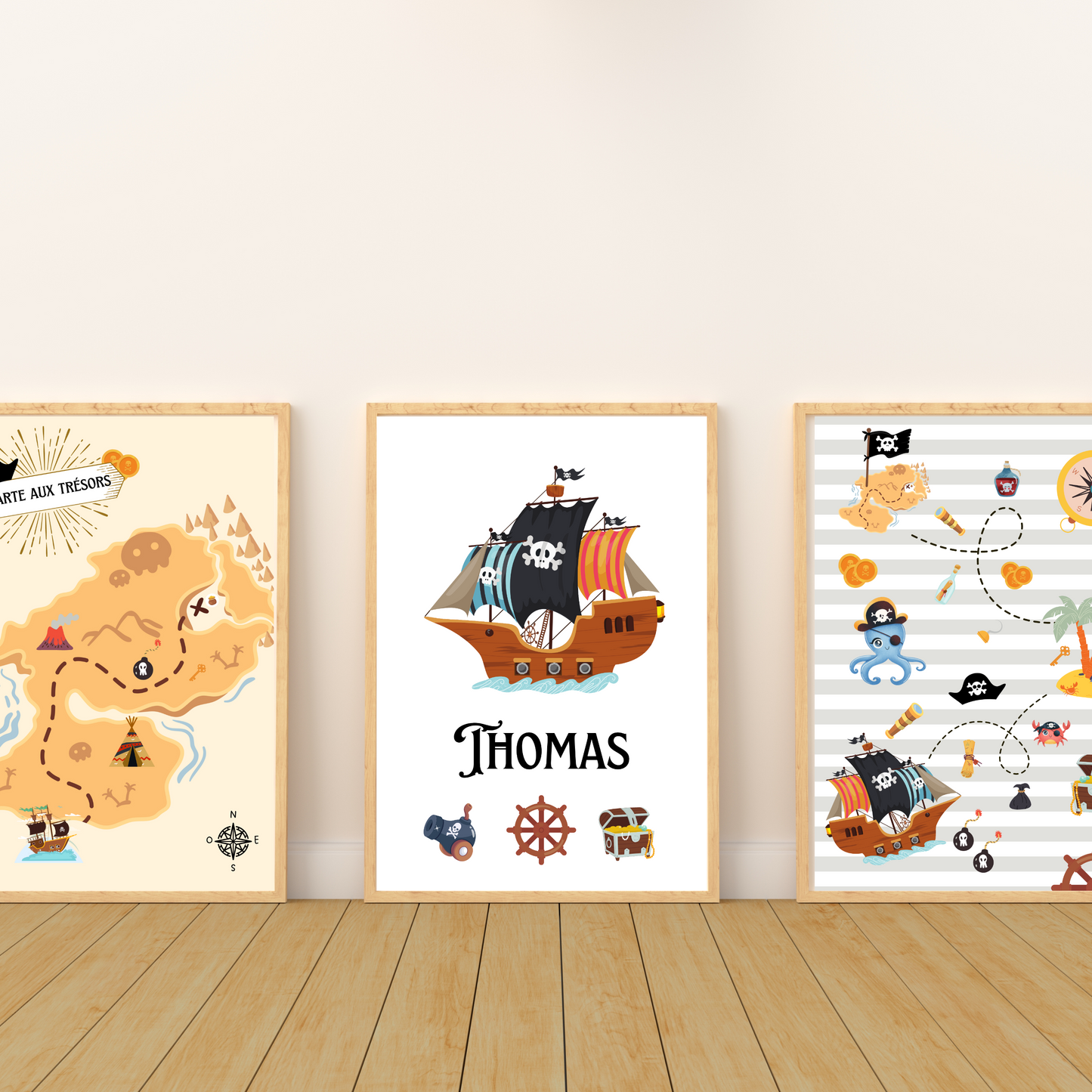 Affiches pirate enfant - trio pirate carte aux trésors prénom  - Décoration pirate chambre de bébé par Le Temps des Paillettes