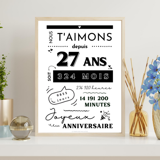 Affiche 27 ans - Carte 27ème anniversaire - Décoration de fête d'anniversaire par le Temps des Paillettes - Le Temps des Paillettes