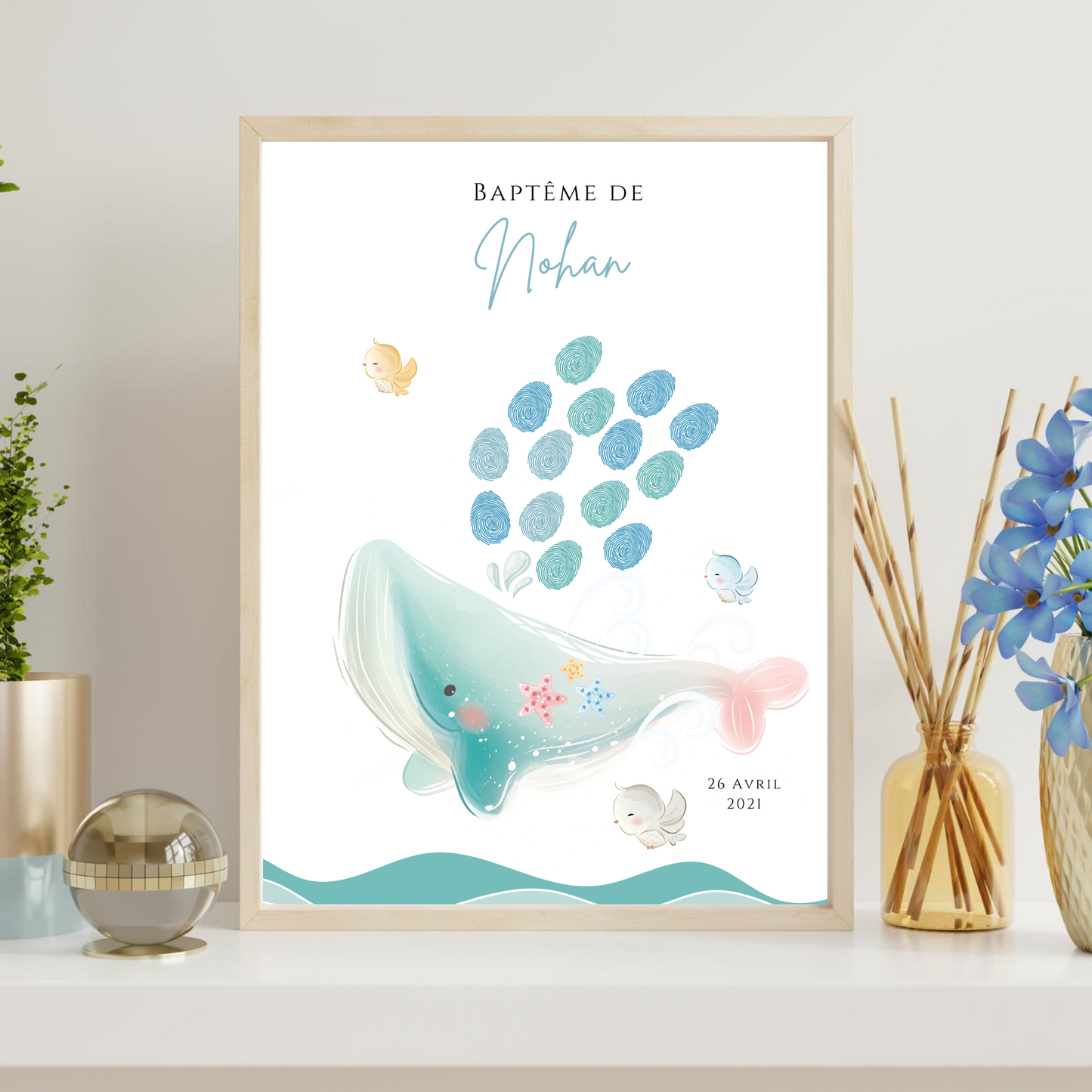 Affiche arbre à empreintes baleine  - Déco anniversaire baptême personnalisée garçon bleu par le Temps des Paillettes