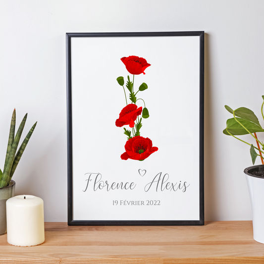 Affiche couple noce de coquelicot - 8 ans de mariage - affiche anniversaire de mariage par Le Temps des Paillettes - Le Temps des Paillettes