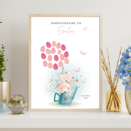 Affiche arbre à empreintes lapin et fleurs - Déco anniversaire baptême personnalisée fille rose par le Temps des Paillettes - Le Temps des Paillettes