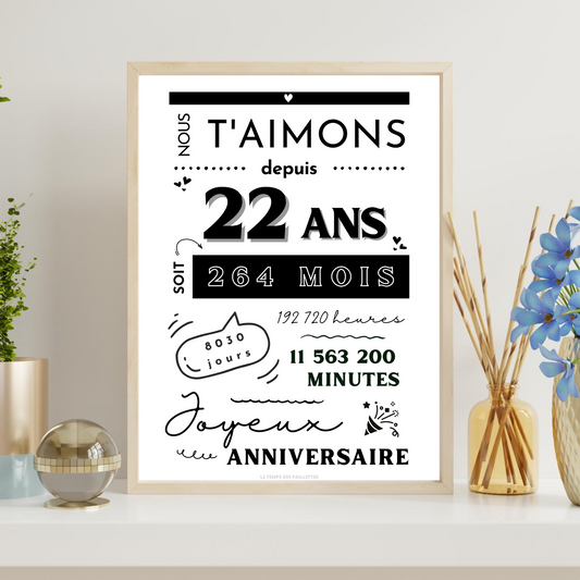 Affiche 22 ans - Carte 22ème anniversaire - Décoration de fête d'anniversaire par le Temps des Paillettes - Le Temps des Paillettes