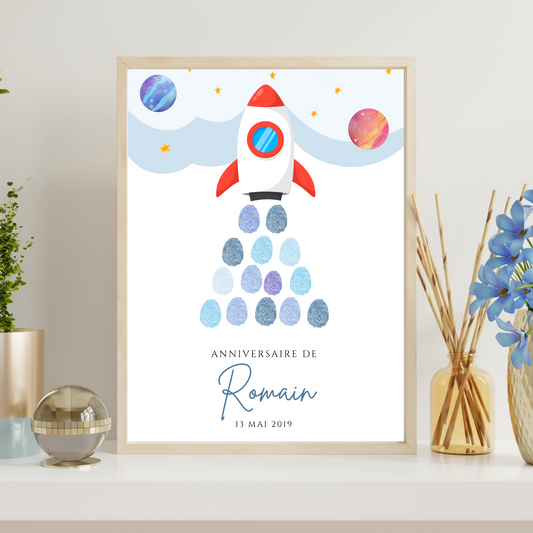 Arbre à empreintes personnalisé baptême / anniversaire - Décoration fusée et espace par le Temps des Paillettes - Le Temps des Paillettes