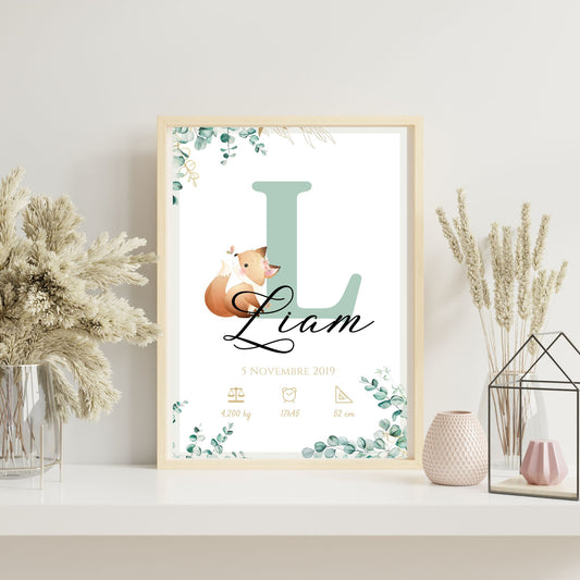 Affiche de naissance personnalisée prénom  initiale eucalyptus et renard - Cadeau de naissance personnalisé  par Le Temps des Paillettes