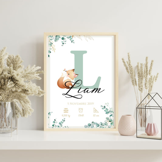 Affiche de naissance personnalisée prénom initiale eucalyptus et renard - Cadeau de naissance personnalisé par Le Temps des Paillettes - Le Temps des Paillettes