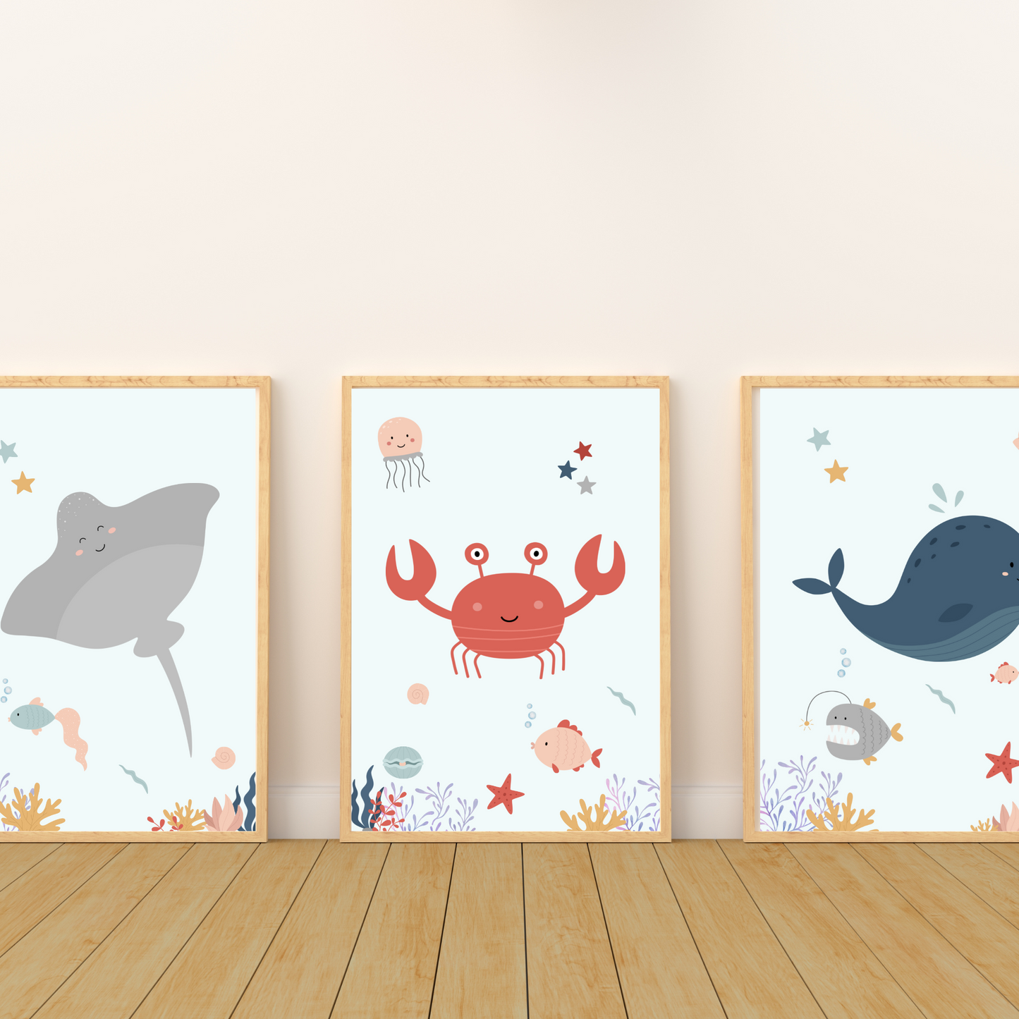 Affiches océan enfant - trio crabe baleine raie - Décoration sous l'océan