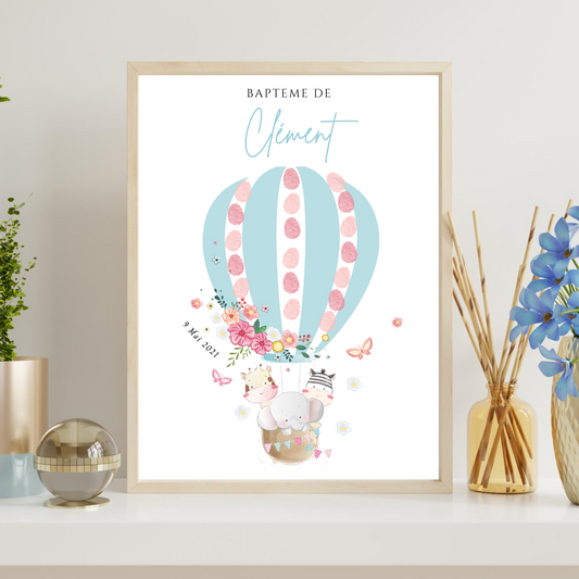 Affiche arbre à empreintes montgolfière et animaux - Déco baptême anniversaire personnalisée par le Temps des Paillettes - Le Temps des Paillettes