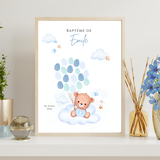 Affiche arbre à empreintes ours bleu et ballon  - Déco anniversaire baptême personnalisée garçon bleu par le Temps des Paillettes - Le Temps des Paillettes