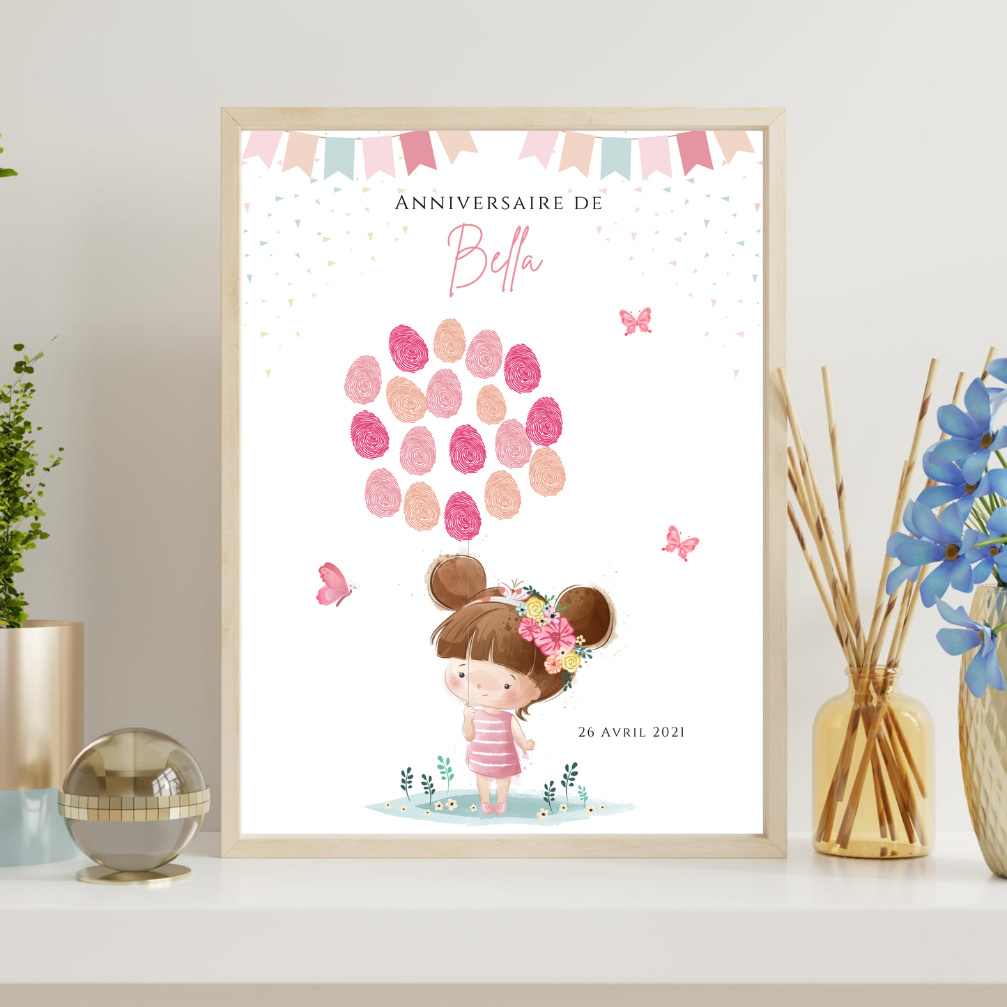 Affiche arbre à empreintes montgolfière et animaux - Déco anniversaire personnalisée fille rose par le Temps des Paillettes