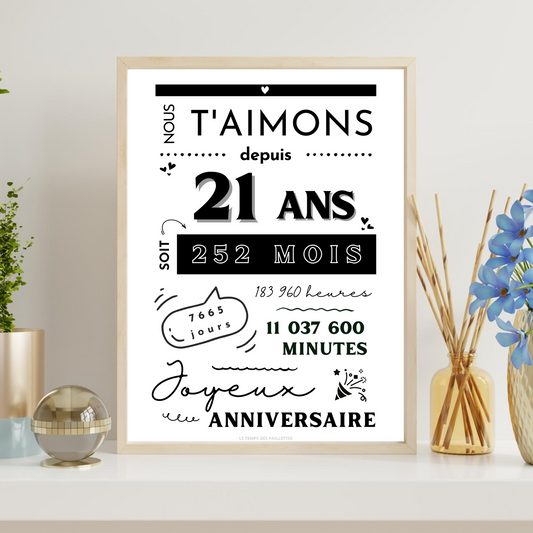 Affiche 21 ans - Carte 21ème anniversaire - Décoration de fête d'anniversaire par le Temps des Paillettes - Le Temps des Paillettes