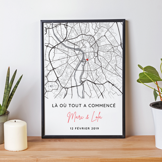 Affiche couple personnalisée avec lieu de rencontre - Affiche carte GPS pour couple par Le Temps des Paillettes