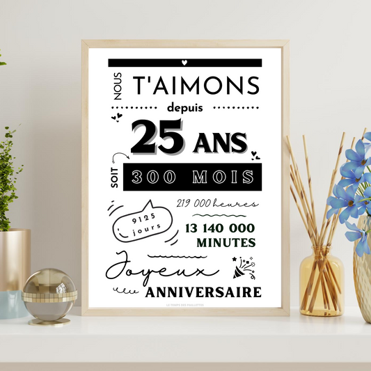 Affiche 25 ans - Carte 25ème anniversaire - Décoration de fête d'anniversaire  par le Temps des Paillettes