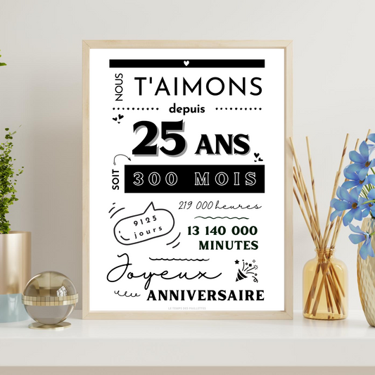 Affiche 25 ans - Carte 25ème anniversaire - Décoration de fête d'anniversaire par le Temps des Paillettes - Le Temps des Paillettes