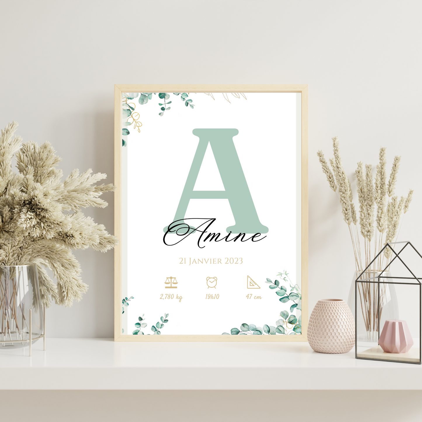 Affiche de naissance personnalisée prénom initiale vert eucalyptus - Cadeau de naissance personnalisé  par Le Temps des Paillettes