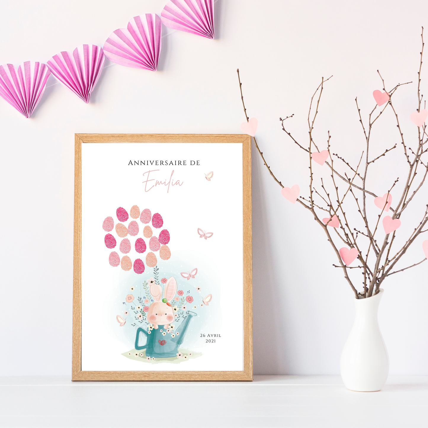 Affiche arbre à empreintes lapin et fleurs - Déco anniversaire baptême personnalisée fille rose par le Temps des Paillettes