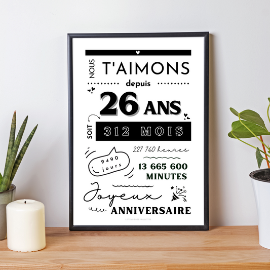 Affiche 26 ans - Carte 26ème anniversaire - Décoration de fête d'anniversaire par le Temps des Paillettes - Le Temps des Paillettes