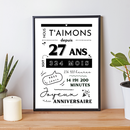 Affiche 27 ans - Carte 27ème anniversaire - Décoration de fête d'anniversaire par le Temps des Paillettes - Le Temps des Paillettes