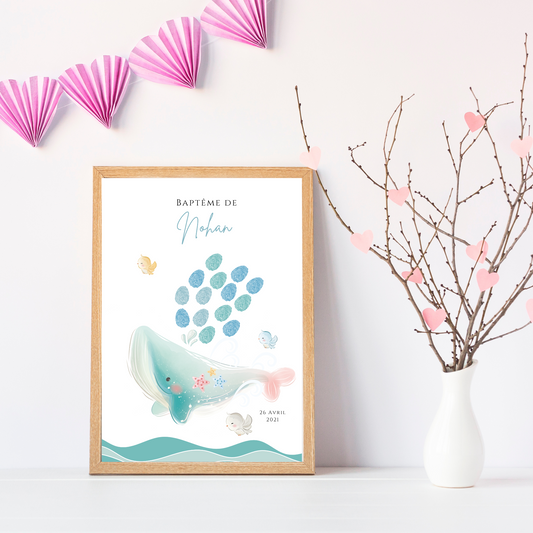 Affiche arbre à empreintes baleine  - Déco anniversaire baptême personnalisée garçon bleu par le Temps des Paillettes - Le Temps des Paillettes