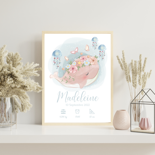 Affiche de naissance personnalisée prénom et baleine - Cadeau de naissance personnalisé  par Le Temps des Paillettes