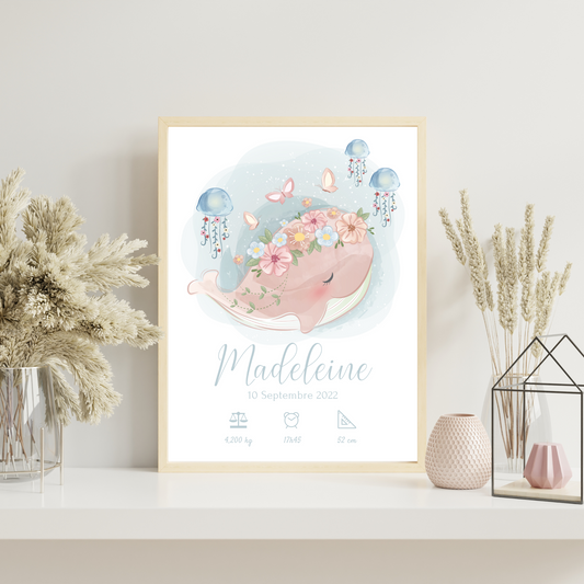 Affiche de naissance personnalisée prénom et baleine - Cadeau de naissance personnalisé par Le Temps des Paillettes - Le Temps des Paillettes