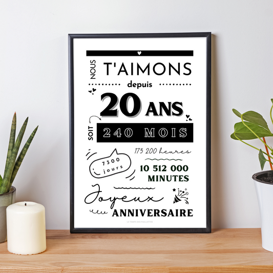 Affiche 20 ans - Carte 20ème anniversaire - Décoration de fête d'anniversaire par le Temps des Paillettes - Le Temps des Paillettes