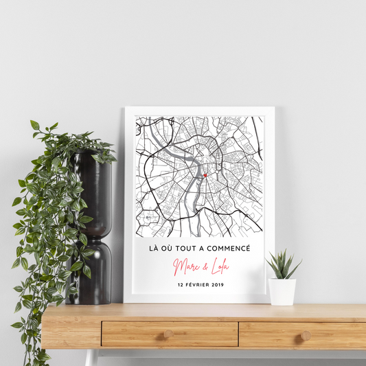 Affiche couple personnalisée avec lieu de rencontre - Affiche carte GPS pour couple par Le Temps des Paillettes