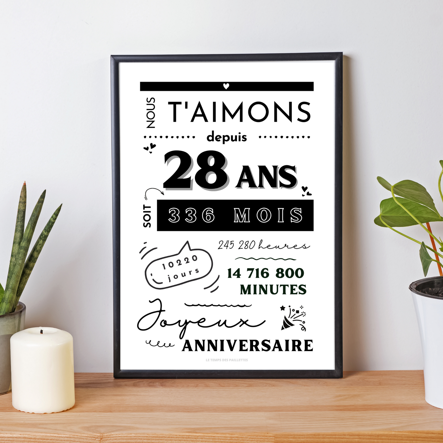 Affiche 28 ans - Carte 28ème anniversaire - Décoration de fête d'anniversaire  par le Temps des Paillettes