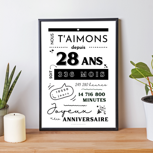 Affiche 28 ans - Carte 28ème anniversaire - Décoration de fête d'anniversaire par le Temps des Paillettes - Le Temps des Paillettes