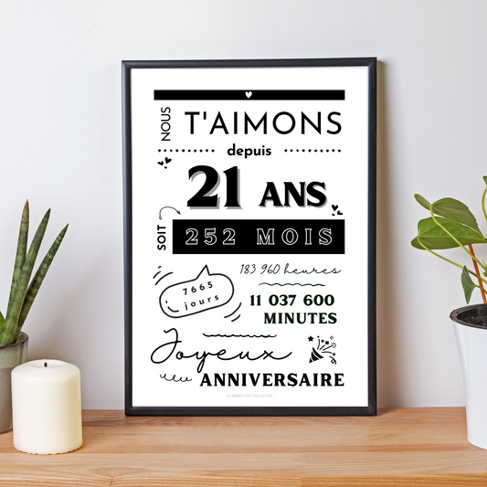 Affiche 21 ans - Carte 21ème anniversaire - Décoration de fête d'anniversaire par le Temps des Paillettes - Le Temps des Paillettes