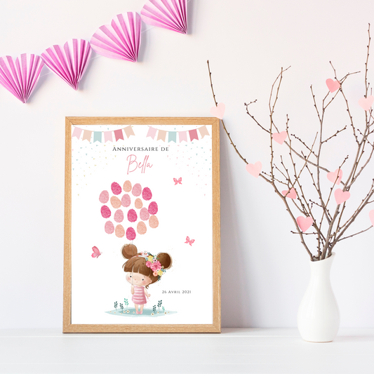 Affiche arbre à empreintes montgolfière et animaux - Déco anniversaire personnalisée fille rose par le Temps des Paillettes - Le Temps des Paillettes