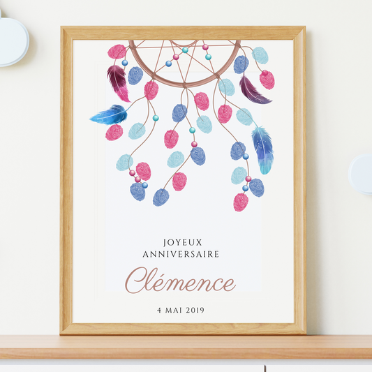 Arbre à empreintes dreamcatcher  personnalisé baptême / anniversaire - Affiche à télécharger par le Temps des Paillettes - Le Temps des Paillettes