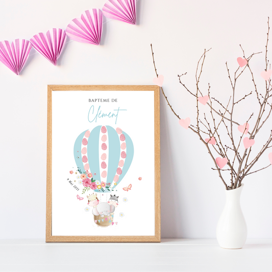 Affiche arbre à empreintes montgolfière et animaux - Déco baptême anniversaire personnalisée par le Temps des Paillettes - Le Temps des Paillettes