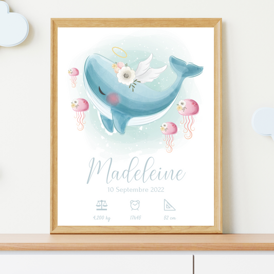 Affiche de naissance personnalisée prénom et baleine - Cadeau de naissance personnalisé  par Le Temps des Paillettes