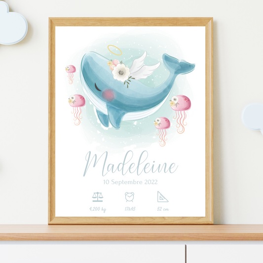 Affiche de naissance personnalisée prénom et baleine - Cadeau de naissance personnalisé par Le Temps des Paillettes - Le Temps des Paillettes