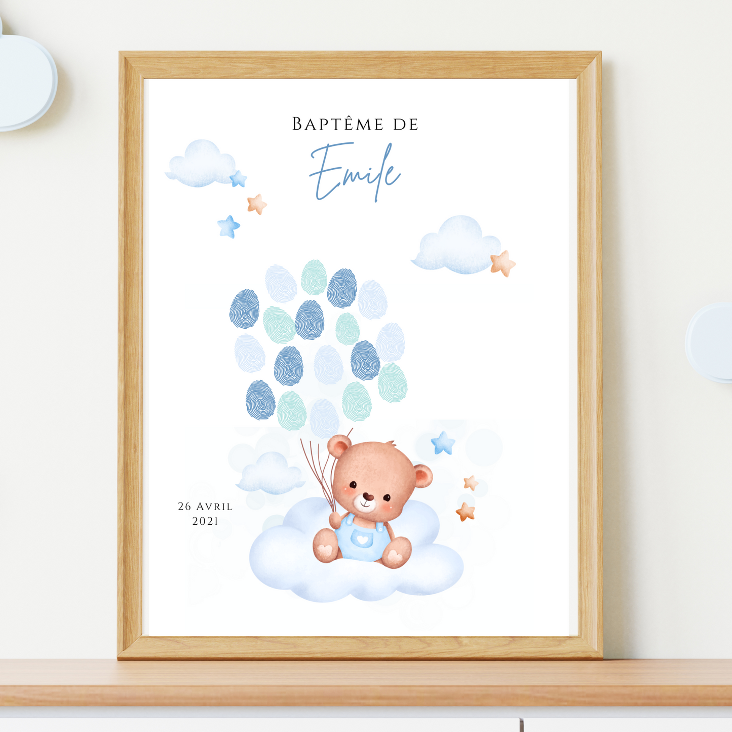 Affiche arbre à empreintes ours bleu et ballon  - Déco anniversaire baptême personnalisée garçon bleu par le Temps des Paillettes