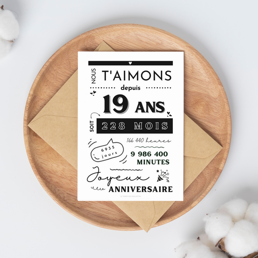 Affiche 19 ans - Carte 19ème anniversaire - Décoration de fête d'anniversaire par le Temps des Paillettes - Le Temps des Paillettes