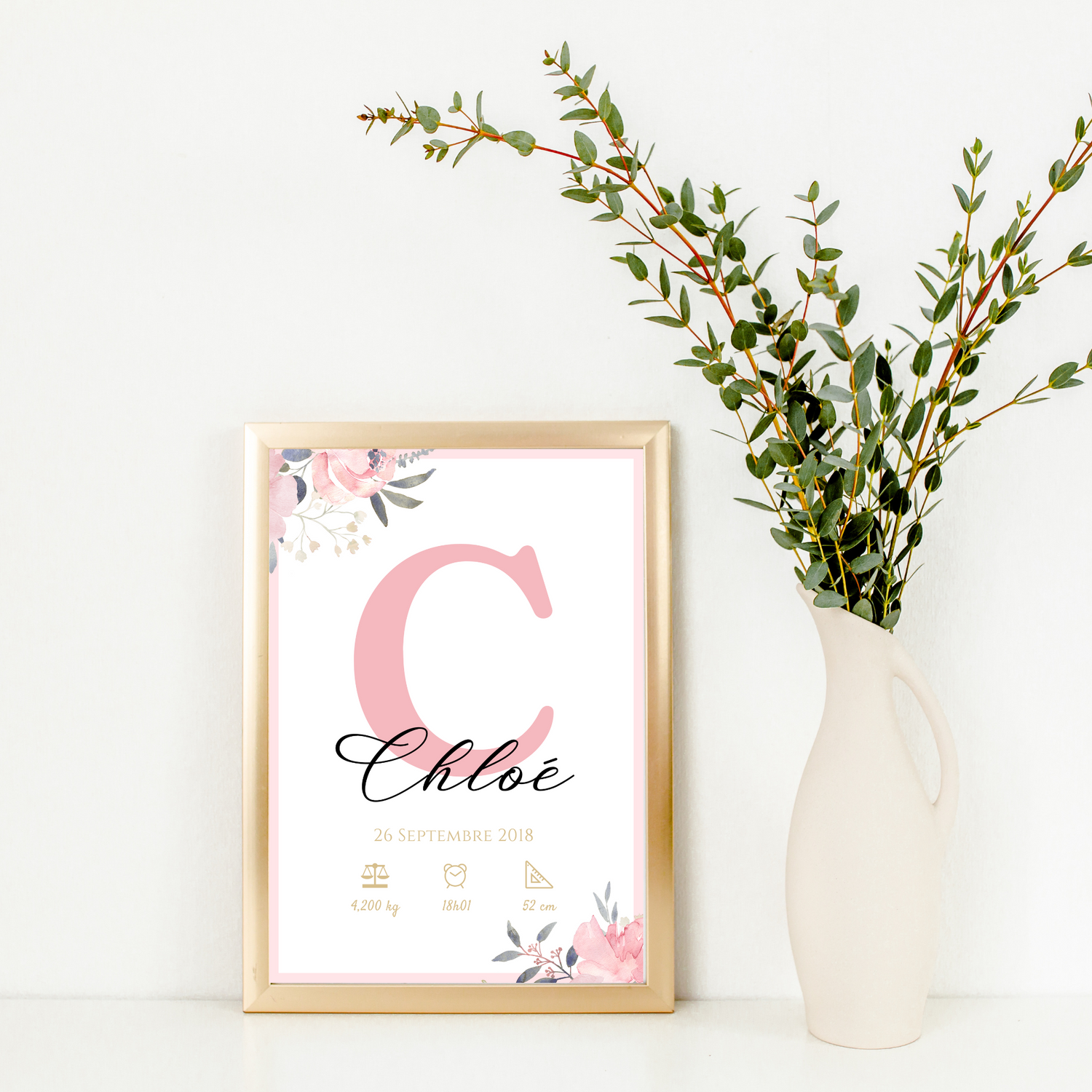 Affiche de naissance personnalisée prénom initiale rose - Cadeau de naissance personnalisé par Le Temps des Paillettes - Le Temps des Paillettes