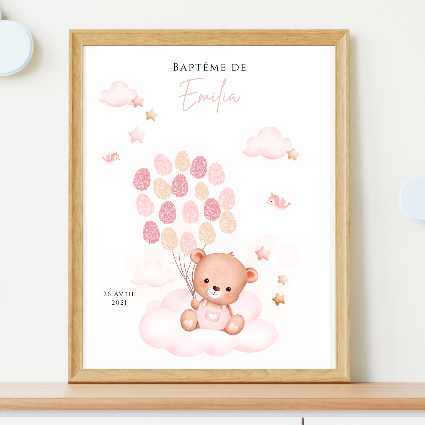 Affiche arbre à empreintes ours rose et ballon  - Déco anniversaire baptême personnalisée fille rose par le Temps des Paillettes