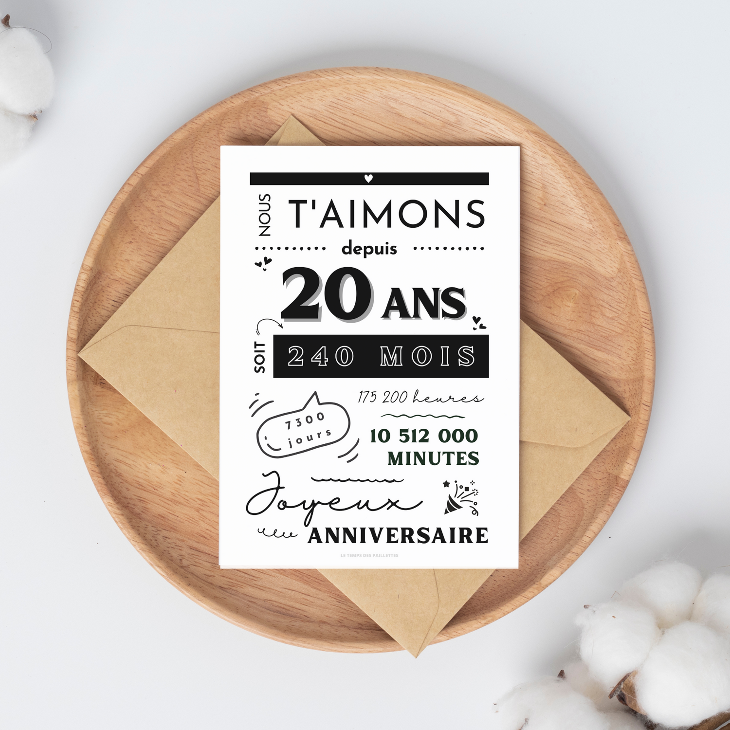 Affiche 20 ans - Carte 20ème anniversaire - Décoration de fête d'anniversaire  par le Temps des Paillettes - Le Temps des Paillettes
