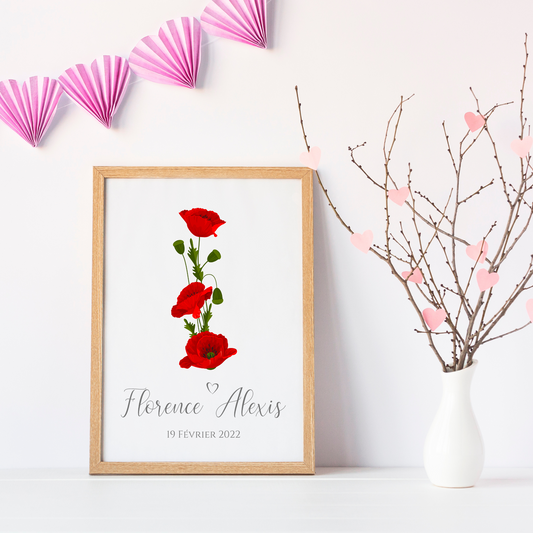 Affiche couple noce de coquelicot - 8 ans de mariage - affiche anniversaire de mariage par Le Temps des Paillettes - Le Temps des Paillettes