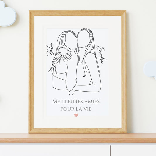 Affiche meilleures amies line art - Cadeau meilleure amie - cadeau anniversaire amie par Le Temps des Paillettes - Le Temps des Paillettes