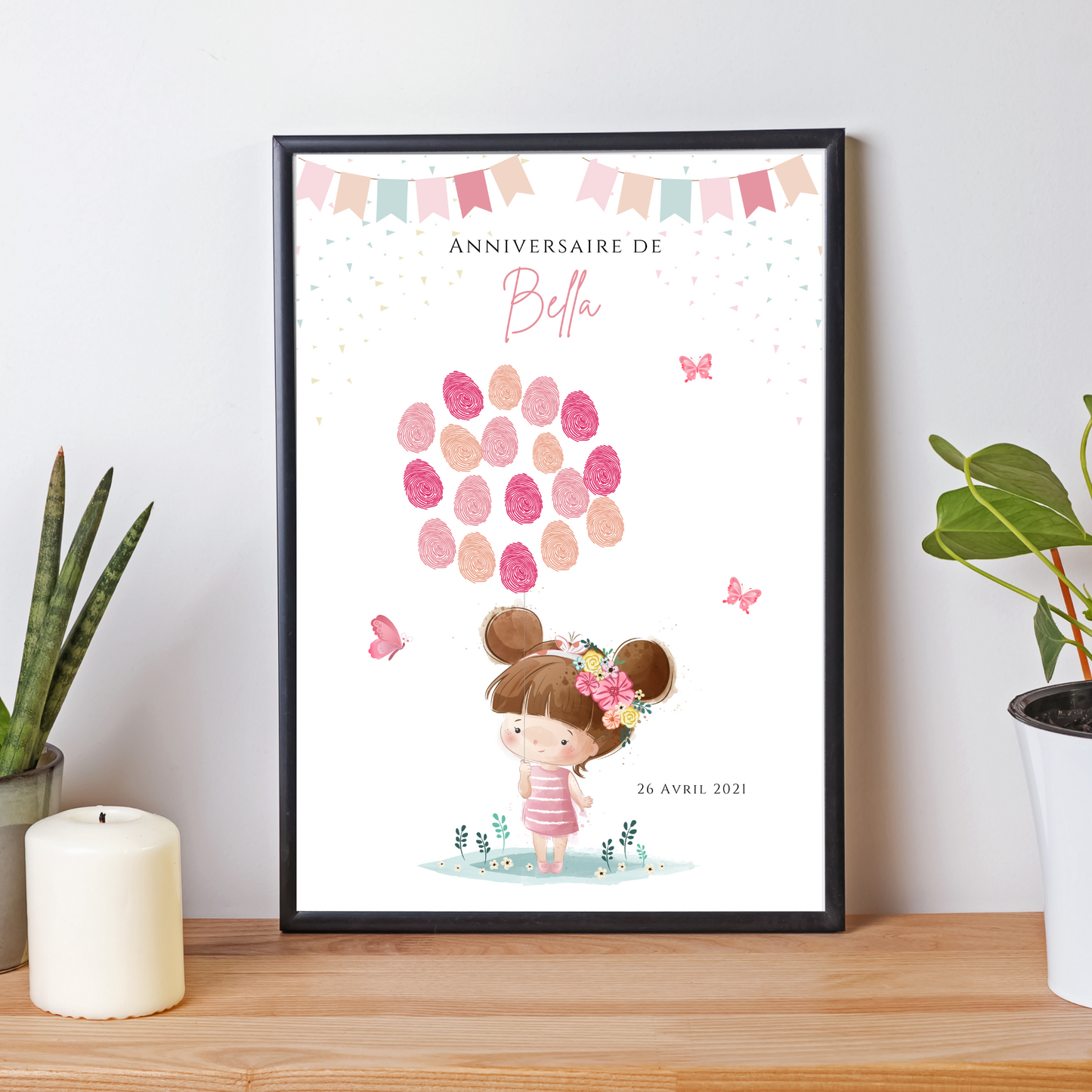 Affiche arbre à empreintes montgolfière et animaux - Déco anniversaire personnalisée fille rose par le Temps des Paillettes