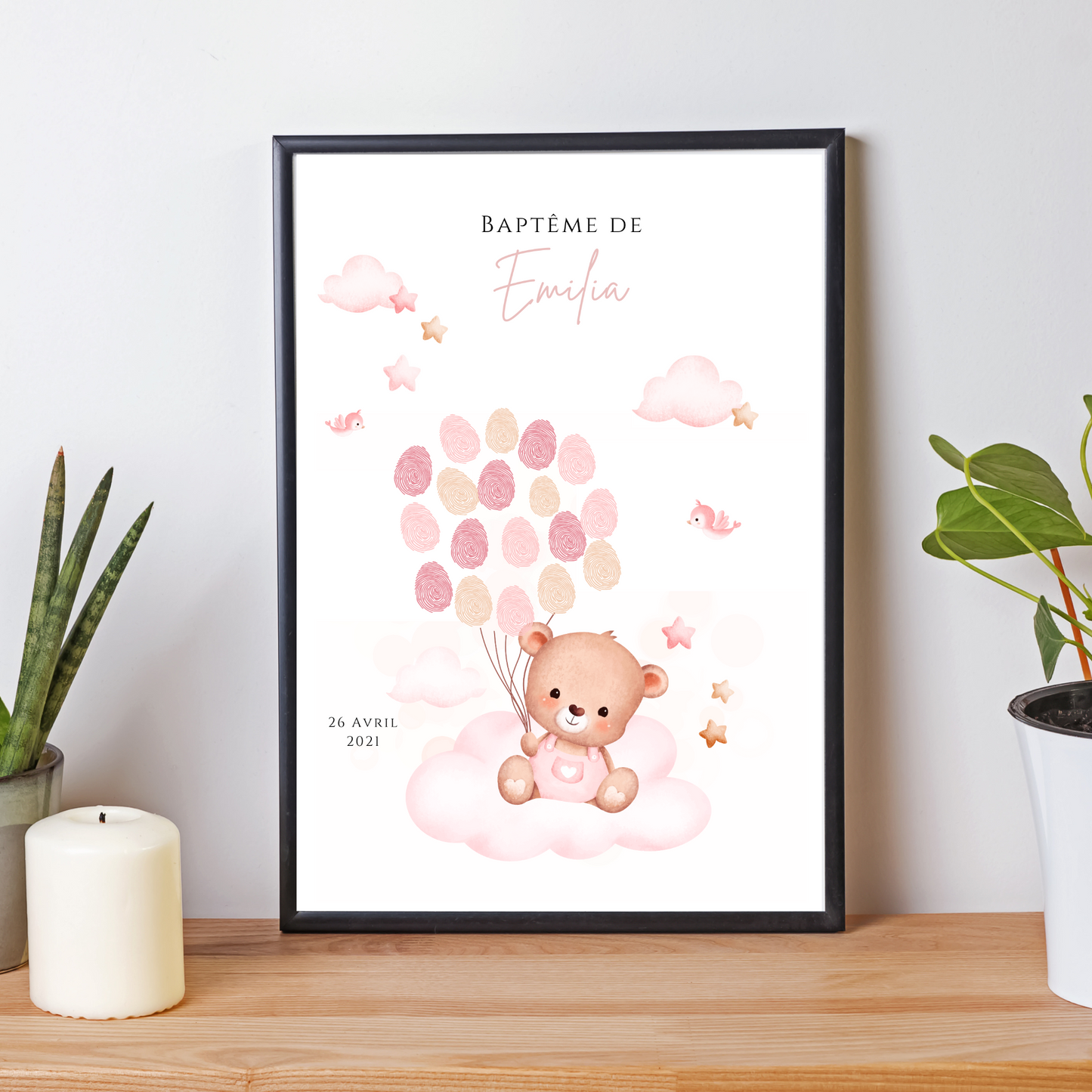 Affiche arbre à empreintes ours rose et ballon  - Déco anniversaire baptême personnalisée fille rose par le Temps des Paillettes
