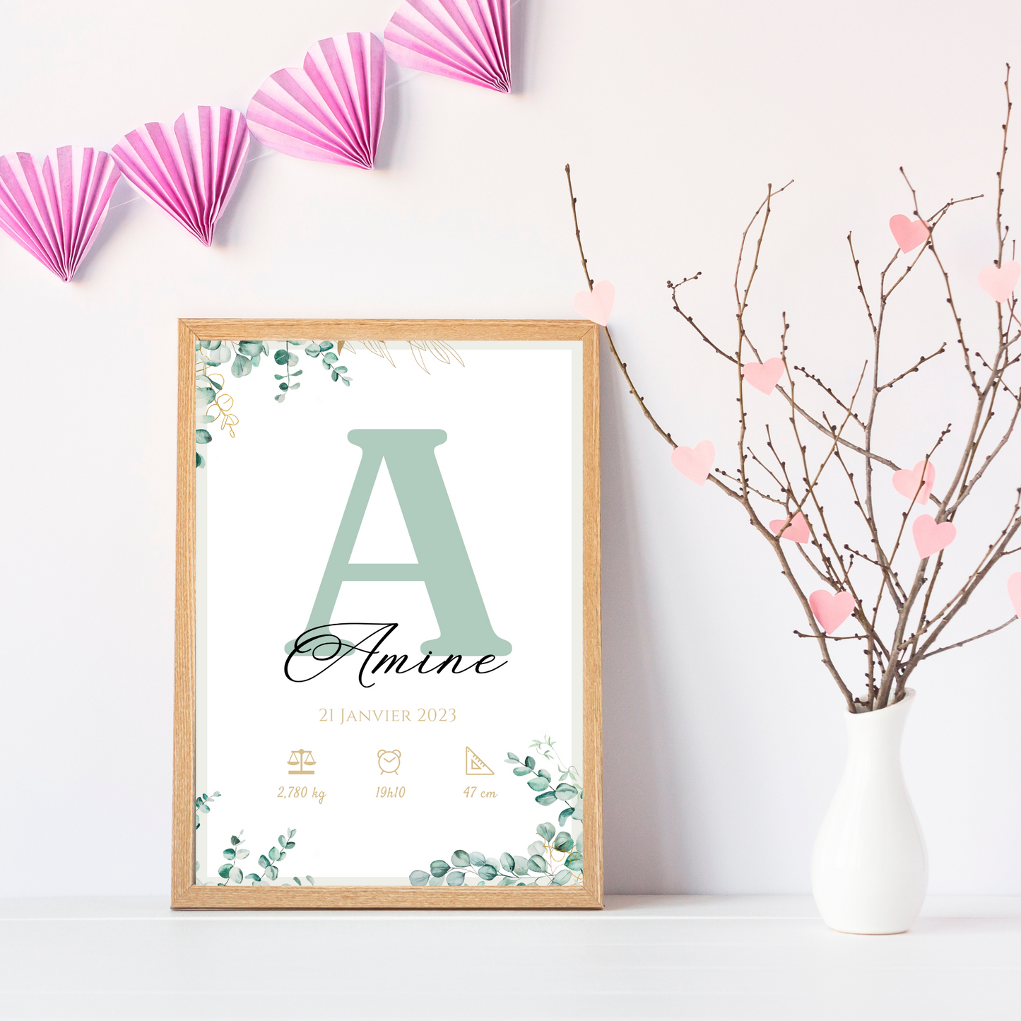 Affiche de naissance personnalisée prénom initiale vert eucalyptus - Cadeau de naissance personnalisé  par Le Temps des Paillettes