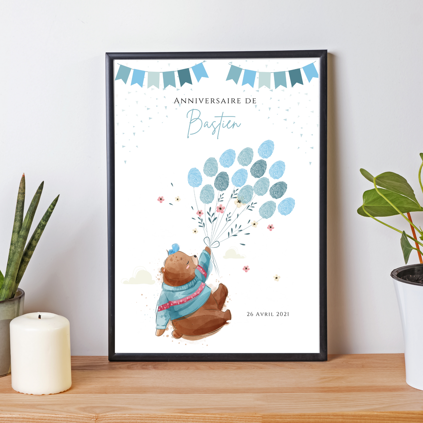 Affiche arbre à empreintes ours et ballons - Déco anniversaire personnalisée garçon bleu par le Temps des Paillettes