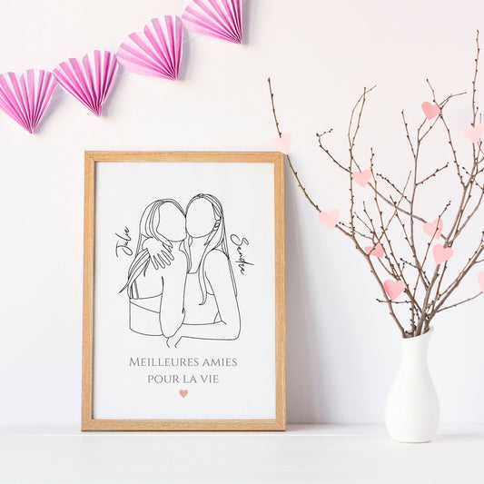 Affiche meilleures amies line art - Cadeau meilleure amie - cadeau anniversaire amie par Le Temps des Paillettes - Le Temps des Paillettes