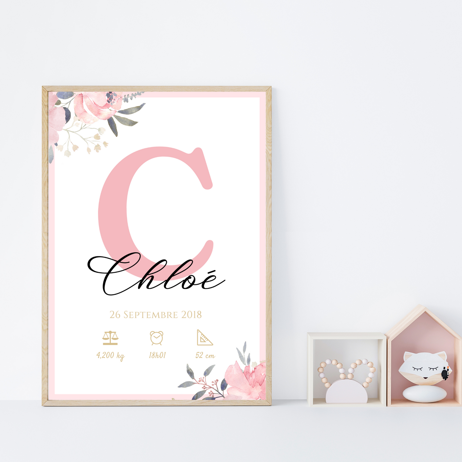 Affiche de naissance personnalisée prénom initiale rose - Cadeau de naissance personnalisé par Le Temps des Paillettes - Le Temps des Paillettes