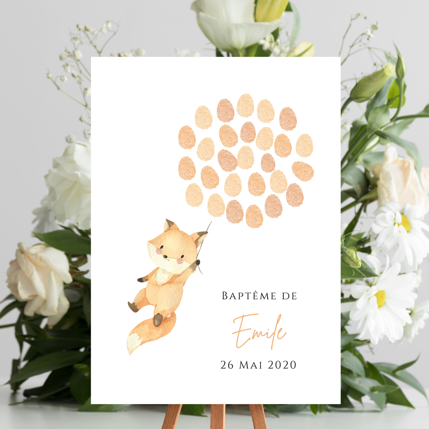 Affiche arbre à empreintes renard et ballon  - Déco anniversaire baptême personnalisée renard par le Temps des Paillettes