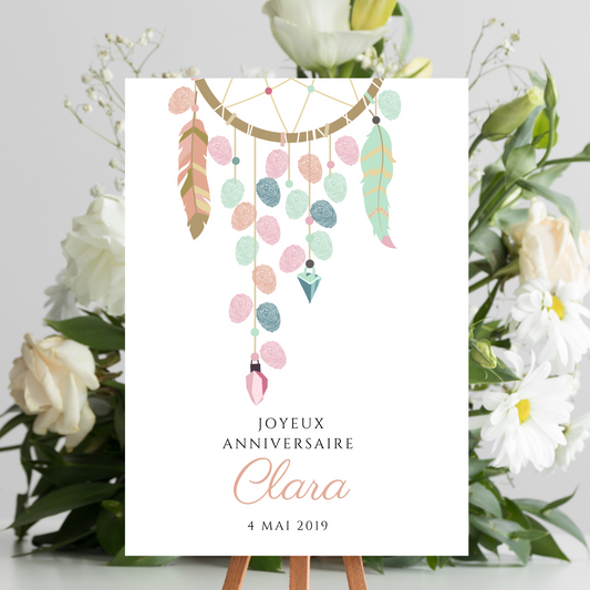 Arbre à empreintes dreamcatcher  personnalisé baptême / anniversaire - Affiche à télécharger par le Temps des Paillettes - Le Temps des Paillettes