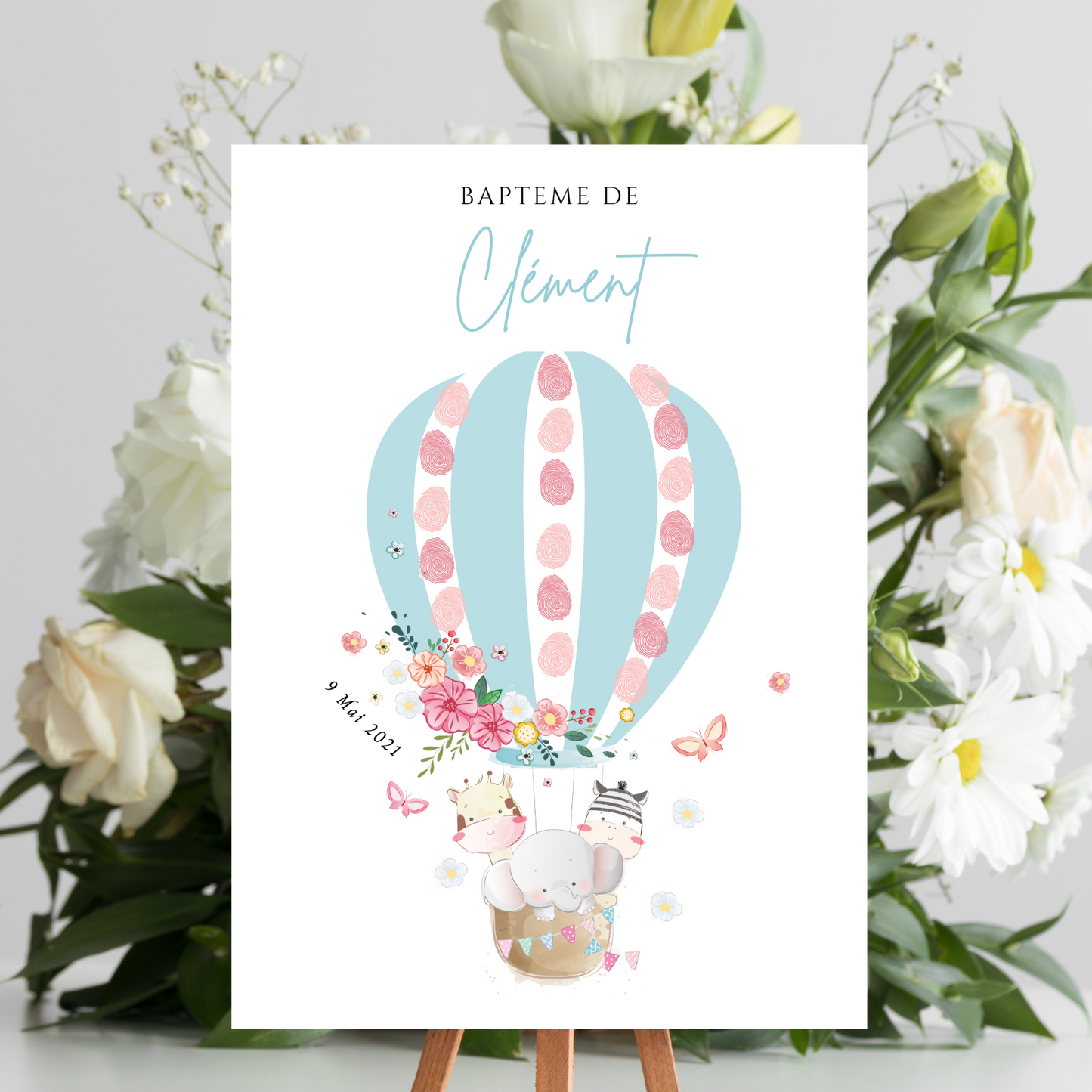 Affiche arbre à empreintes montgolfière et animaux - Déco baptême anniversaire personnalisée par le Temps des Paillettes